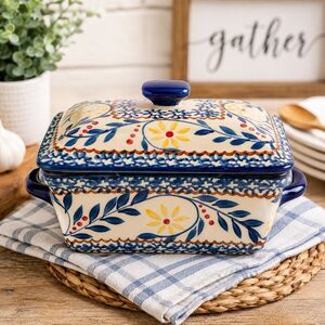 Sterling Home La Dolce Vita Covered Casserole Dish 1 Qt Blue Floral Stoneware